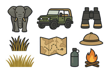 Safari adventure icons featuring elephant, jeep, binoculars, and campfire with map and safari hat © ihor