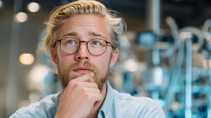 Thoughtful man looking up, contemplating new ideas