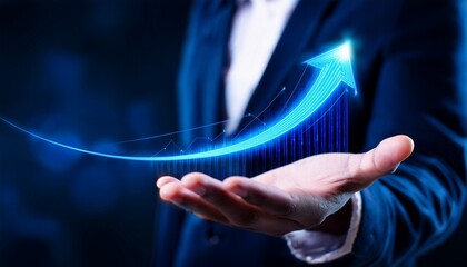 blue digital hands holding arrow pointing up for business growth and success concept