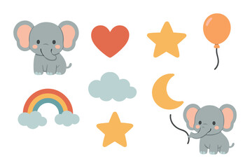 Cute elephant and balloon with heart, star, moon, cloud, and rainbow