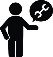 Icon of person with wrench symbol in speech bubble representing technical support repair maintenance service assistance