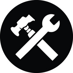 Icon of crossed hammer and wrench inside a black circle representing tools and repair services for general use and industry applications