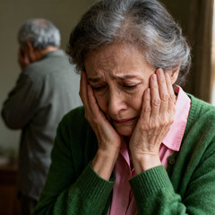 A senior woman with gray hair crying with hands on her face and a man in the background looking away