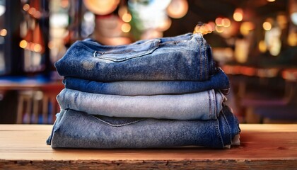 stack of folded jeans lies on wooden table in blurred cafe background