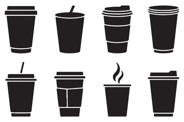 Set of different paper Coffee cups take away. Various disposable cups of coffee to go. Vector Black silhouettes. with white background