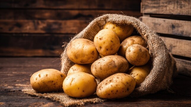Fresh potatoes in burlap sack on rustic wooden background