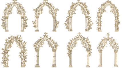 Ornate Gothic Archway and Frame Vector Set with Vine Details, perfect for Vintage Wedding Invitations, Fantasy Book Covers, Digital Art, and Elegant D