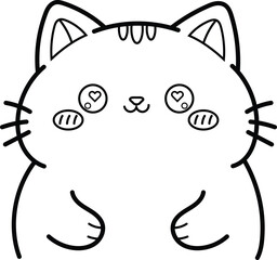 Colouring page of a cute kawaii cat face with big eyes and paws outline drawing