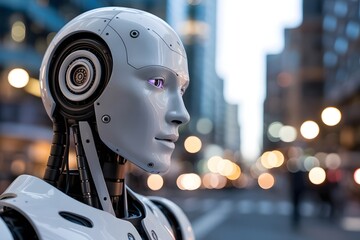 Close up profile of a realistic humanoid robot with a metallic head and visible internal mechanics standing in a blurred urban city street at night with bokeh lights