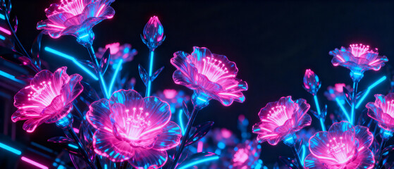 A luminous floral arrangement with neon pink and blue lights against a dark background scene