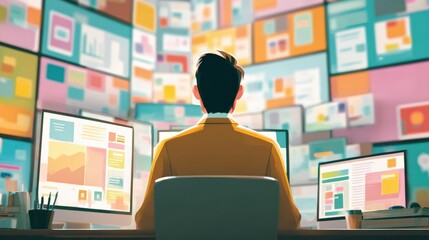 Rear view entrepreneur in digital pitch, virtual office backdrop, innovative tech business vibe