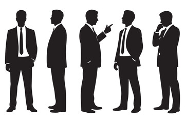 Silhouettes of Businessman character in different poses. Business man in formal suit standing front, back, rear, side view, pointing, thinking. Vector Black silhouettes. with white background