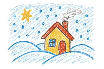 Naklejka premium Colorful childish drawing of snowy winter village landscape with house and stars made with crayons or pencils - Used in Christmas scenes greeting cards and seasonal illustrations
