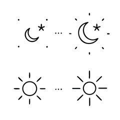 Editable Black Outline Stroke, Four Unique Vector Designs of Sun and Moon. Isolated Celestial Symbols for Day and Night Concept Illustration