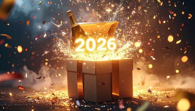 Caja de regalo envuelta que se abre llena de champ&aacute;n, confeti y un brillante 2026