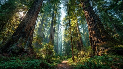 Obraz premium Towering ancient redwoods, sunlight filters, lush forest floor, serene nature embrace