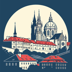 Cityscape with buildings and towers in front of moon with red roofs