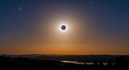 Solar eclipse over horizon at sunset