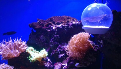 Underwater Aquarium Scene Featuring Marine Life and Colorful Coral