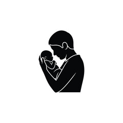 Silhouette of a father holding his newborn baby, expressing love and care in a minimalist black and white design