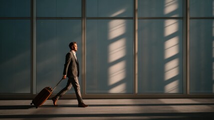Business traveler walking with luggage in modern airport terminal bright natural light professional setting