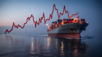 Cargo Ship and Red Stock Market Graph at Dusk