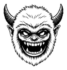 Fototapeta premium Scary Yeti Monster Head with Horns Aggressive Black and White Outline Line Art Drawing Vector Illustration