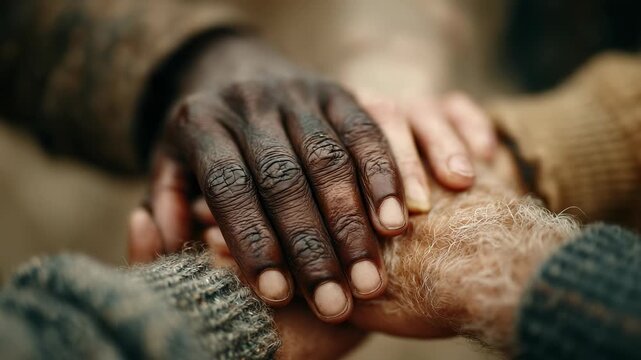 Close-up of Diverse Hands Stacked Together, Symbolizing Unity, Support, Teamwork, Collaboration, and Interracial Harmony, Representing Community and Connection