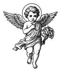 Detailed Cherub Putto Angel with Wings Halo Holding Flowers Black and White Outline Line Art Drawing
