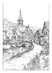 Obraz premium European Village Landscape Church River Bridge Black and White Outline Line Art Drawing Coloring Book Style