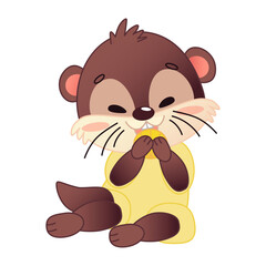 A cute cartoon otter character with a brown body and light yellow belly, sitting and smiling while holding a small snack. The otter has large eyes and rounded ears.