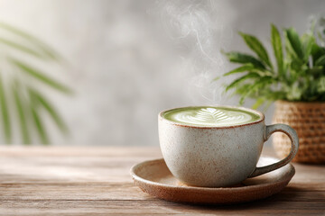 Steaming Hot Matcha Latte with Perfect Rosetta Latte Art in Speckled Ceramic Cup