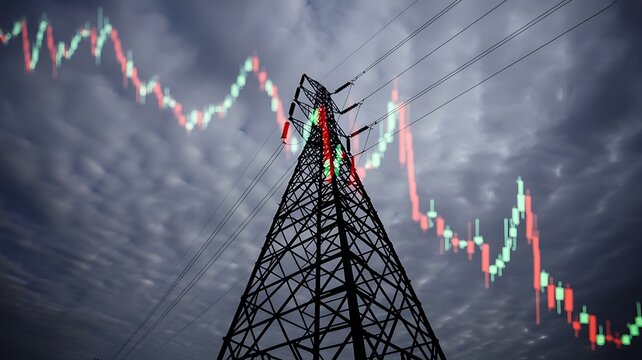 Electricity Tower with Stock Market Downtrend Overlay