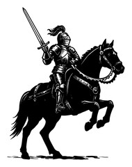 Fototapeta premium Medieval Knight Riding Horse with Sword Silhouette Black and White Outline Line Art Drawing Vector Illustration
