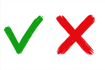 Hand drawn checkmark and cross symbols. Green tick for yes, correct and approval. Red X for no, wrong and rejection. Grunge brush stroke vector icons for vote and decision.