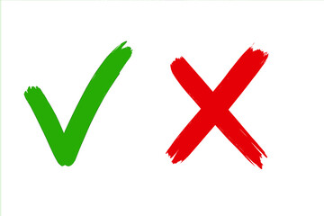Green checkmark and red cross brush stroke icons. Tick and X symbols for yes and no, right and wrong decision. Hand drawn grunge check mark for vote, survey, or test result.