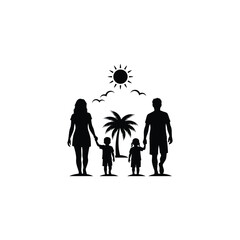 Family silhouette walking on the beach, parents with children enjoying summer vacation, vector illustration