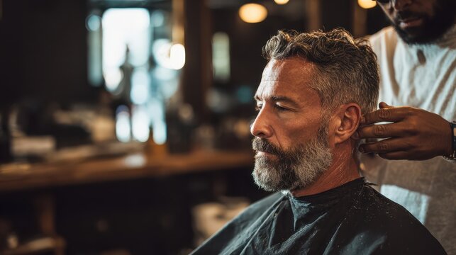 Men's haircut and grooming experience barbershop portrait urban environment close-up style transformation