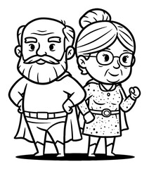 Cute Grandpa and Grandma Superhero Couple Cartoon Black and White Outline Line Art Drawing Comic Style