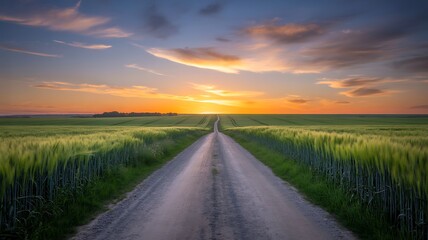 Fototapeta premium Golden Hour Sunset Over a Winding Country Road Through a Wheat Field