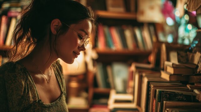 Exploring vintage literature cozy bookstore portrait photography warm atmosphere close-up reading enthusiasm