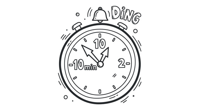A hand-drawn sketch of a classic ten-minute timer with a ringing alarm bell and DING sound.