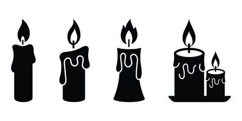 Silhouette candle icon with burning fire wick in flat design style concept. Scented candles vector icon. Candle icon. Editable stroke. Vector illustration. EPS 10