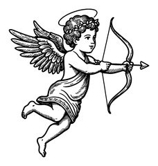 Cherub with Bow and Love Arrow Aiming Target in Vintage Black and White Outline Line Art Drawing