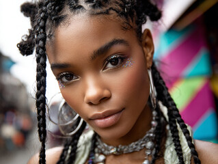 Model mid-twirl with long braids and glitter on cheeks, carnival prep