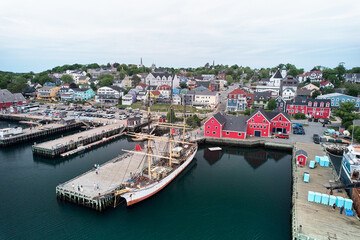 Aerial drone image of Lunenburg Nova Scotia waterfront on Canada's Eastern Atlantic Province