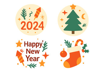 Set of Christmas and New Year 2024 greeting icons. Vector collection of holiday stickers with Christmas tree, stocking, and fireworks. Festive winter celebration elements.