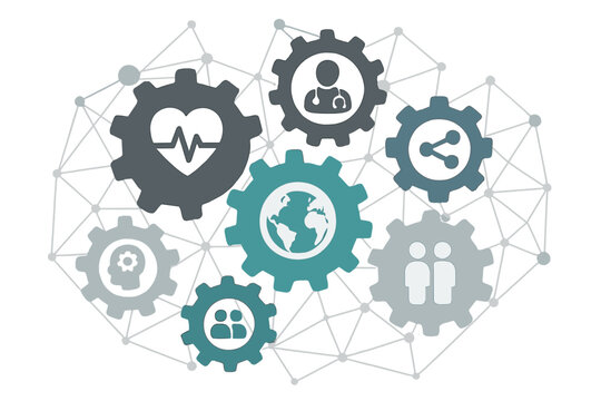 Global healthcare system concept. Medical network with connected gears and icons. Health technology, doctor, patient, cardiology, mental health. Abstract vector illustration.