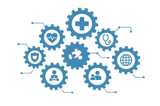 Healthcare mechanism concept. Medical system with connected gears. Health strategy. Care, medicine, network, social, global icon. Cardiology, teamwork, wellness. Vector illustration