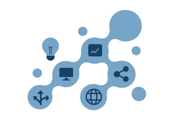 Digital business strategy concept. Abstract background with integrated metaballs. Icons for network, communication, internet, growth, analytics, innovation and technology.